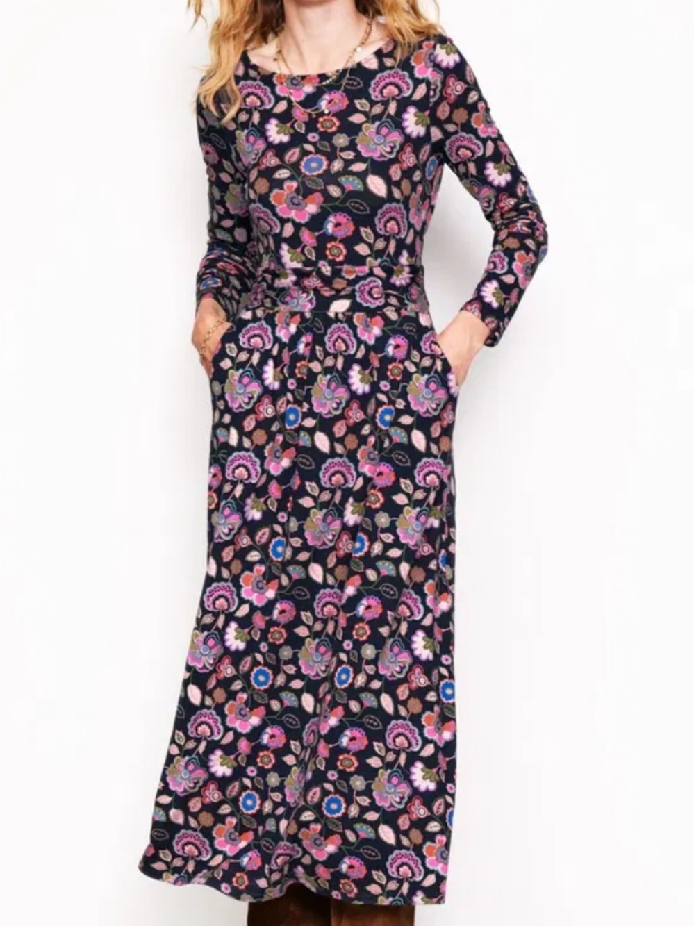BODEN Amelie Long Sleeve Midi Dress-Multi, Cascade Bloom
